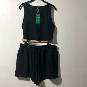 (NWT) SHEIN - EZ Wear | Black Two Piece Crop Top And Drawstring Shorts